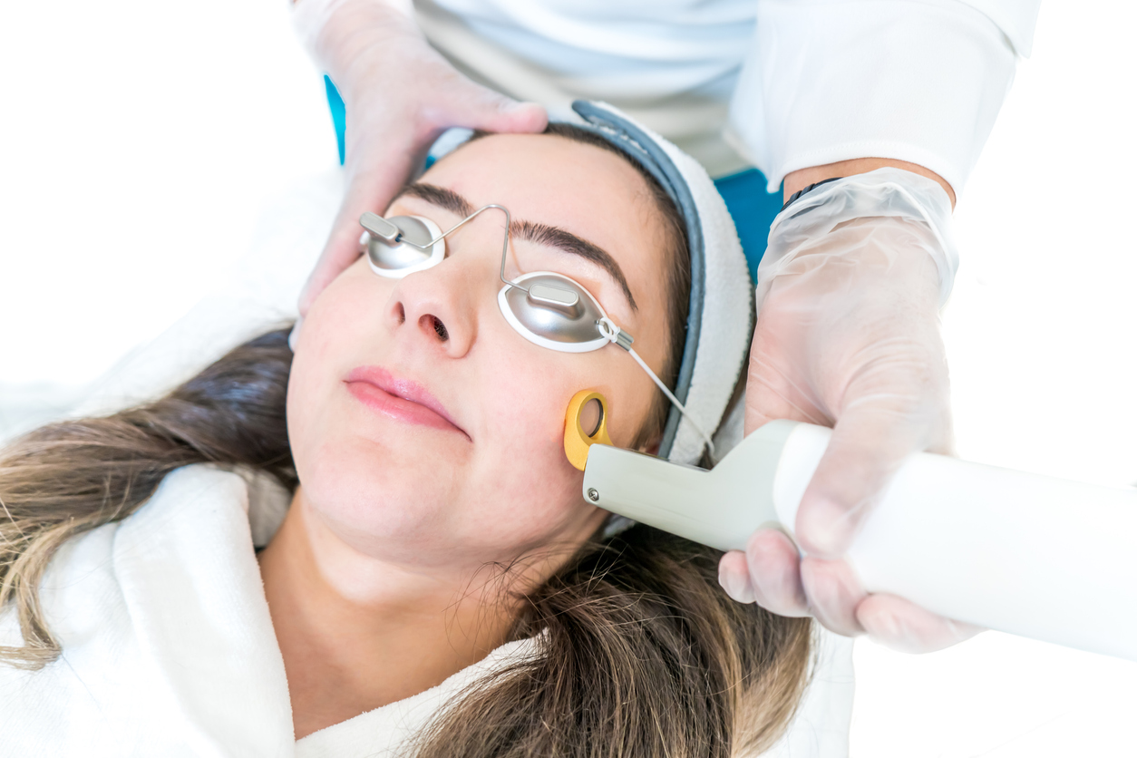 Patient wearing goggles